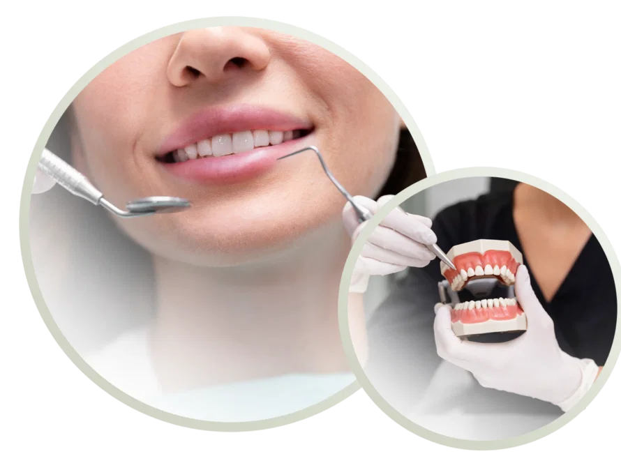 Um dentista examina os dentes de um paciente com um espelho odontológico; em outra imagem, alguém segura um modelo e ferramentas odontológicas - destacando a experiência de um dentista em Goiânia em ortodonto Goiânia e facetas dentárias. implante dentario