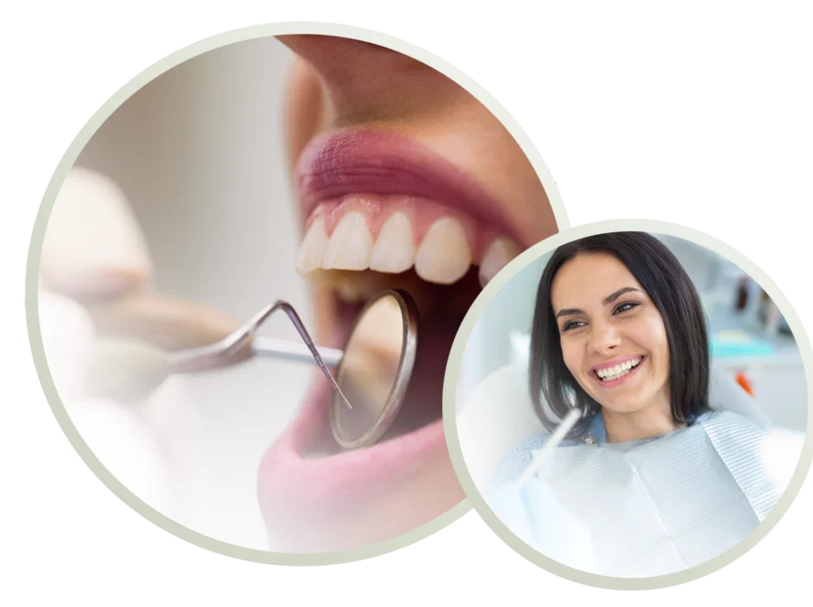 Close-up de um exame odontológico com uma ferramenta de espelho na boca de um paciente, ao lado de uma mulher sorridente em uma cadeira odontológica - perfeito para quem procura facetas dentárias ou um dentista experiente em Goiânia. Manutenção de implante e prótese